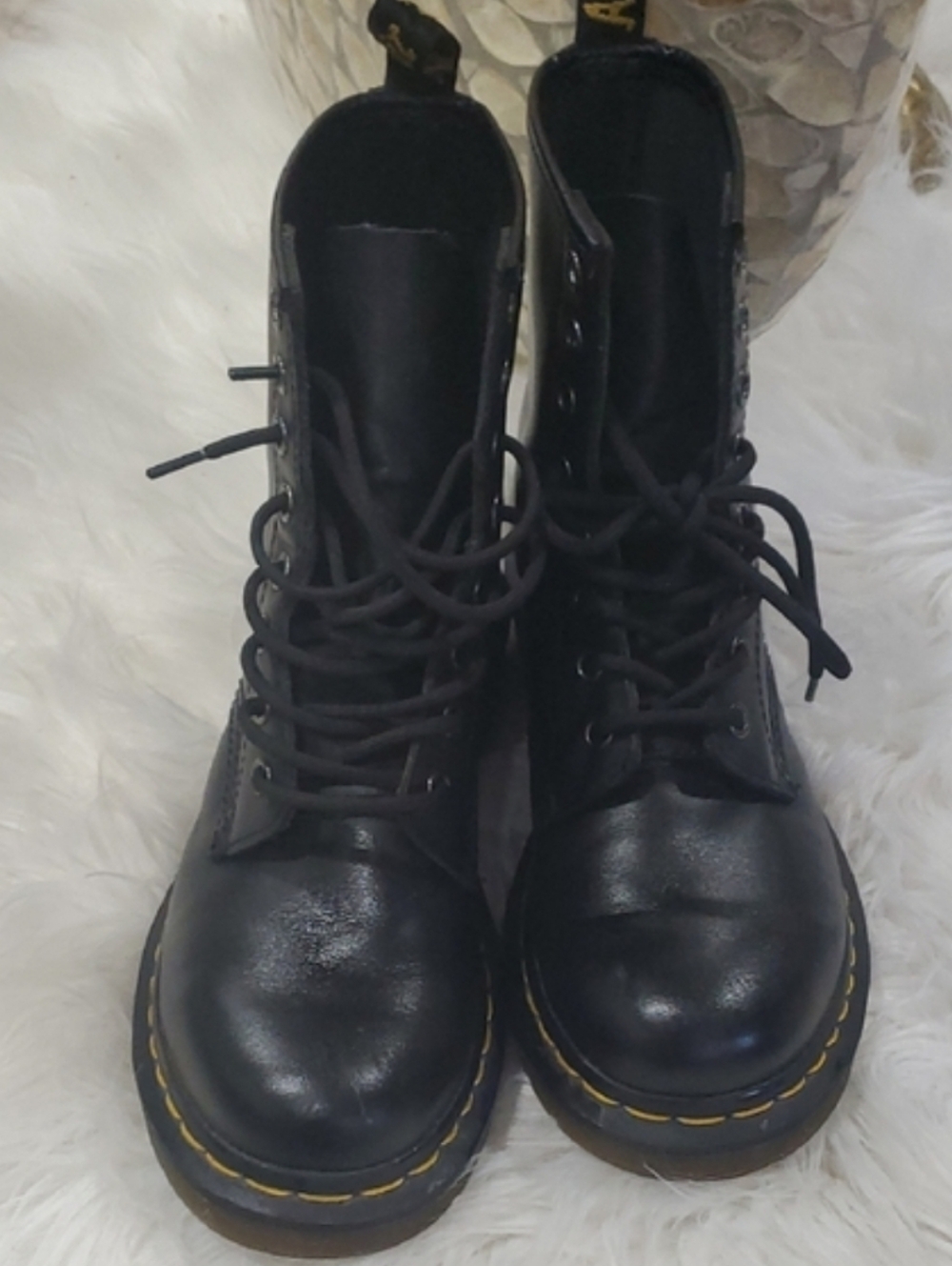Dr. Martens Black Unisex Leather Laceup Combat  Boots with Yellow Accents - Picture 7 of 17